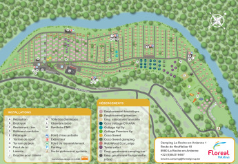 Mappa di un campeggio glamping sul fiume con piazzole, cottage e aree servizi chiaramente indicate.