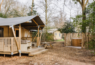 Safari teltet 'De Stille Heide' på Gooise Heide i Holland, omgivet af træer og natur med spaområde.
