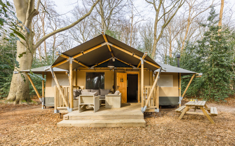 Safari teltet 'De Stille Heide' på Gooise Heide i Holland med træterrasse og udendørs siddeplads.