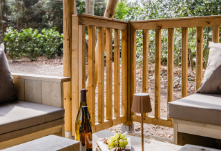 Udsigt fra en hyggelig safari teltterrasse på Gooise Heide med vin, snacks og skov i baggrunden.