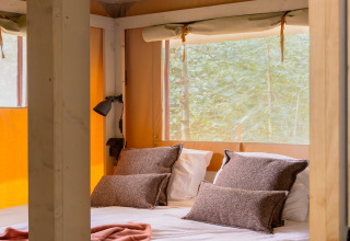 Indvendig udsigt fra safari teltet 'De Stille Heide' på Gooise Heide, Nederlandene, med hyggelig seng.
