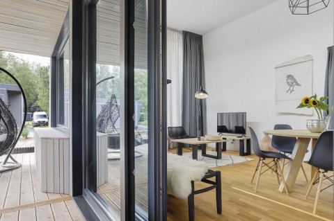 Modern living room and terrace with hanging chair at Boslodge Plus with hot tub, Holiday center 't Schuttenbelt, Netherlands