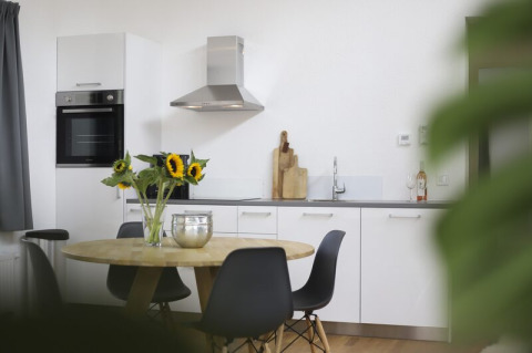 Moderne køkken og spiseplads med solsikker, sort-hvide møbler og stilfuldt interiør i en lodge.