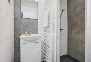 Modern bathroom with a shower, white sink, mirror, and towel radiator in Boslodge Plus met Hottub lodge.