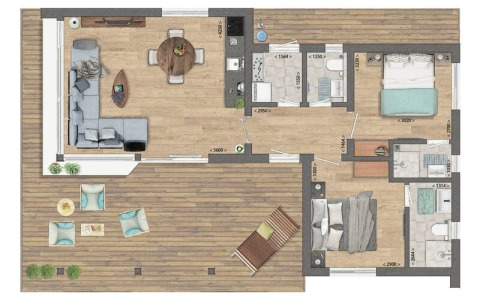 Grundriss der Boslodge Plus mit Hottub im Ferienpark 't Schuttenbelt in den Niederlanden, mit Wohnzimmer, Terrasse und zwei Schlafzimmern.