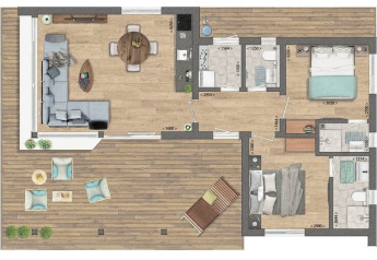 Grundriss der Boslodge Plus mit Hottub im Ferienpark 't Schuttenbelt in den Niederlanden, mit Wohnzimmer, Terrasse und zwei Schlafzimmern.