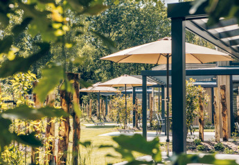 Terrasse mit Sonnenschirmen und grüner Natur am Tiny House Rosendael met hottub im Veluwe park de Bosgraaf.