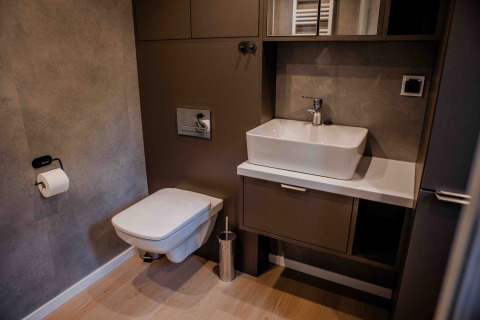 Modern klein toilet met wandcloset en wastafel in de tiny house Rosendael op park de Bosgraaf, Veluwe.