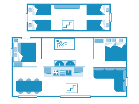 Floor plan of the Lodge Oasi safari tent at Sandaya Etruria, Italy, showing two floors and bedrooms.