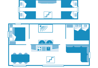Floor plan of the Lodge Oasi safari tent at Sandaya Etruria, Italy, showing two floors and bedrooms.