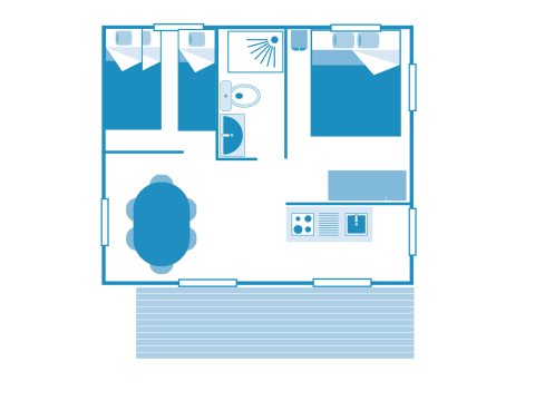 Plattegrond van het Lodge Safari tent bij Sandaya Etruria in Italië met twee slaapkamers, keuken en badkamer.