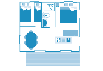 Plano del Lodge Safari en Sandaya Etruria, Italia, con dos dormitorios, cocina y baño bien distribuidos.