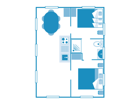 Plattegrond van het Country Lodge Large safaritent bij Sandaya Etruria, Italië, met twee slaapkamers.
