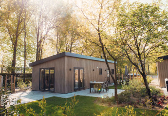 Luksus lodge Loevestein med udendørs spabad omgivet af træer og moderne terrassemøbler i sollys.