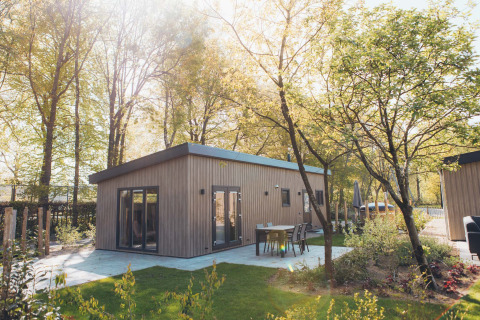 Luksus lodge Loevestein med udendørs spabad omgivet af træer og moderne terrassemøbler i sollys.