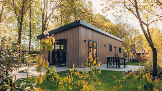 A modern wooden lodge called Loevestein at Veluwe park de Bosgraaf, Netherlands, with patio and lush greenery.