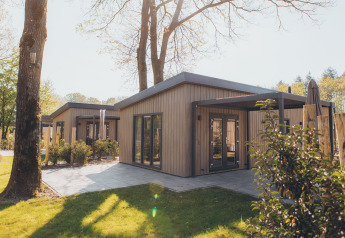 Foto af moderne glamping-indkvartering med træfacade og terrasse i et naturskønt skovområde.