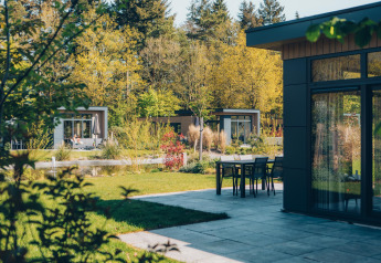 Moderne lodges en terras te midden van groen en bomen in Veluwe park de Bosgraaf, Nederland.