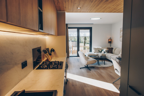 Lodge moderno con cocina abierta y sala acogedora, ventanas grandes y decoración en madera en Veluwe, Países Bajos