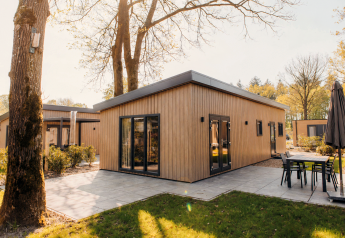 Moderne houten lodge bij Loevestein met grote ramen, terras en tuinmeubilair in een groene omgeving.