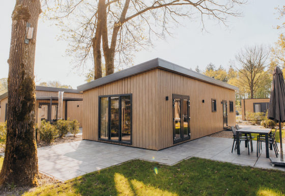 Lodge en bois moderne à Loevestein avec grandes fenêtres, terrasse, mobilier de jardin et arbres autour.