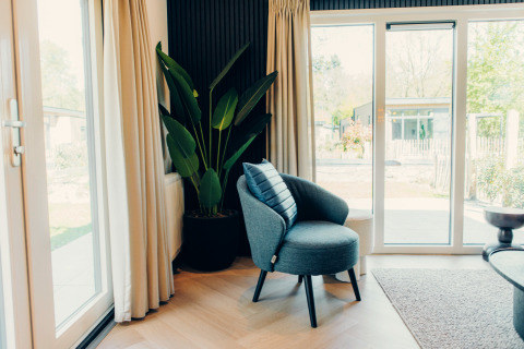 Heller Bereich einer Glamping-Unterkunft mit gemütlichem Sessel, Pflanze und großen Fensterfronten.