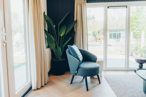 Coin lumineux d'un hébergement glamping avec fauteuil confortable, plante verte et grandes baies vitrées.