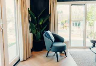 Heller Bereich einer Glamping-Unterkunft mit gemütlichem Sessel, Pflanze und großen Fensterfronten.