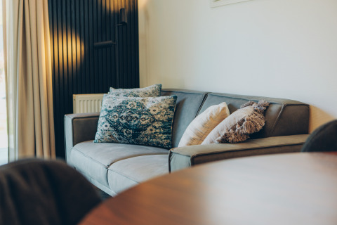 Canapé moderne avec coussins décoratifs dans un hébergement glamping, ambiance chaleureuse et élégante.