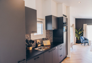 Cucina moderna in un alloggio glamping con mobili scuri, lavello, utensili e vista sul soggiorno.