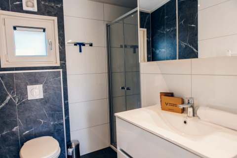 Modern bathroom at a glamping accommodation with shower, toilet, sink, mirror, and elegant interior.