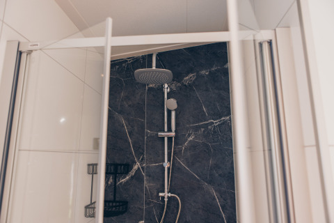 Cabine de douche moderne avec portes en verre et douche pluie prise dans un hébergement de glamping luxueux.