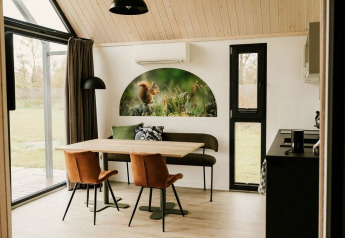 Vue intérieure du tiny house Cosy house au camping Si-Es-An, aux Pays-Bas, décor bois moderne.