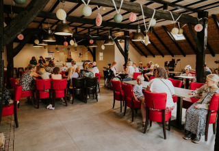 People relaxing and socializing in a cozy common room with red chairs at Cosy House, Campsite Si-Es-An, Netherlands.