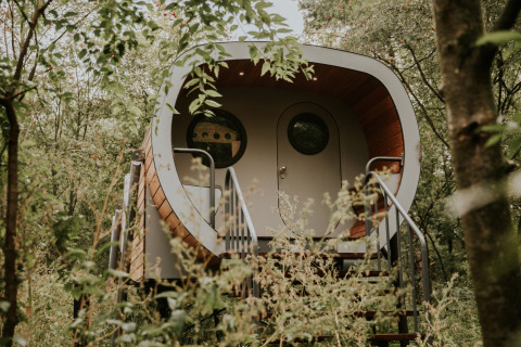 Skycabin natuurhuisje op Camping Si-Es-An in Nederland, omringd door bomen en weelderig groen.