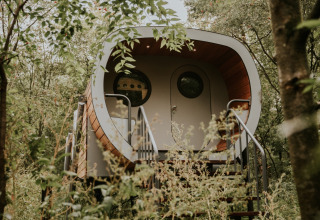 Skycabin nature house at Campsite Si-Es-An in the Netherlands, surrounded by trees and lush greenery.