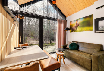 Moderne tiny house på Campingplads Si-Es-An i Holland, med store vinduer, sofa og naturudsigt.