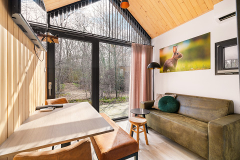 Casa pequeña moderna en el Camping Si-Es-An en Países Bajos, con grandes ventanales y vista al bosque.