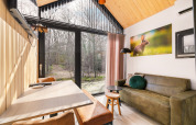 Casa pequeña moderna en el Camping Si-Es-An en Países Bajos, con grandes ventanales y vista al bosque.
