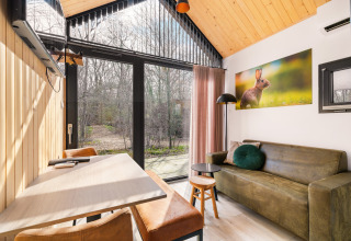 Modernes Tiny House auf dem Campingplatz Si-Es-An in den Niederlanden mit großem Fenster und Sofa.