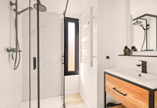 Modern, compact bathroom in a tiny house at Campsite Si-Es-An in the Netherlands, featuring shower and sink.