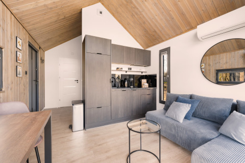 Moderne Lodge 'Reestdal' auf dem Campingplatz Si-Es-An in den Niederlanden mit Holzdecke und Küche.