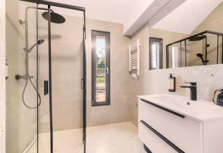 Baño moderno en el loft «Reestdal», Camping Si-Es-An, Países Bajos, con ducha y lavabo elegante.
