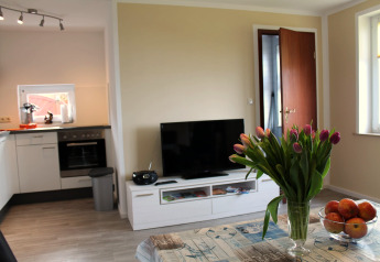 Moderne woonkamer in lodge 'Am Strand' in Duitsland met tulpen, tv, fruitschaal en open keuken.