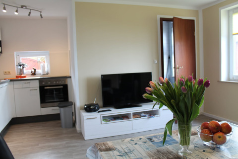 Moderne woonkamer in lodge 'Am Strand' in Duitsland met tulpen, tv, fruitschaal en open keuken.