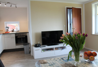 Moderne woonkamer in lodge 'Am Strand' in Duitsland met tulpen, tv, fruitschaal en open keuken.