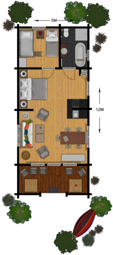 Plattegrond van Family Lodge met bad en hot tub bij Outdoors Holten in Nederland, twee slaapkamers.