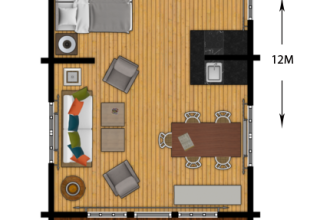 Planimetria della Family Lodge con bagno e vasca idromassaggio a Outdoors Holten, Paesi Bassi.