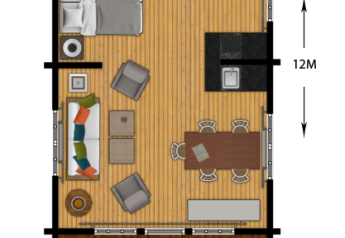 Plano de la Family Lodge con baño y jacuzzi en Outdoors Holten, Países Bajos, con dos dormitorios.