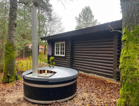 Photo extérieure d’un chalet en bois et d’un bain à remous à Romantic Lodge, Outdoors Holten, Pays-Bas.